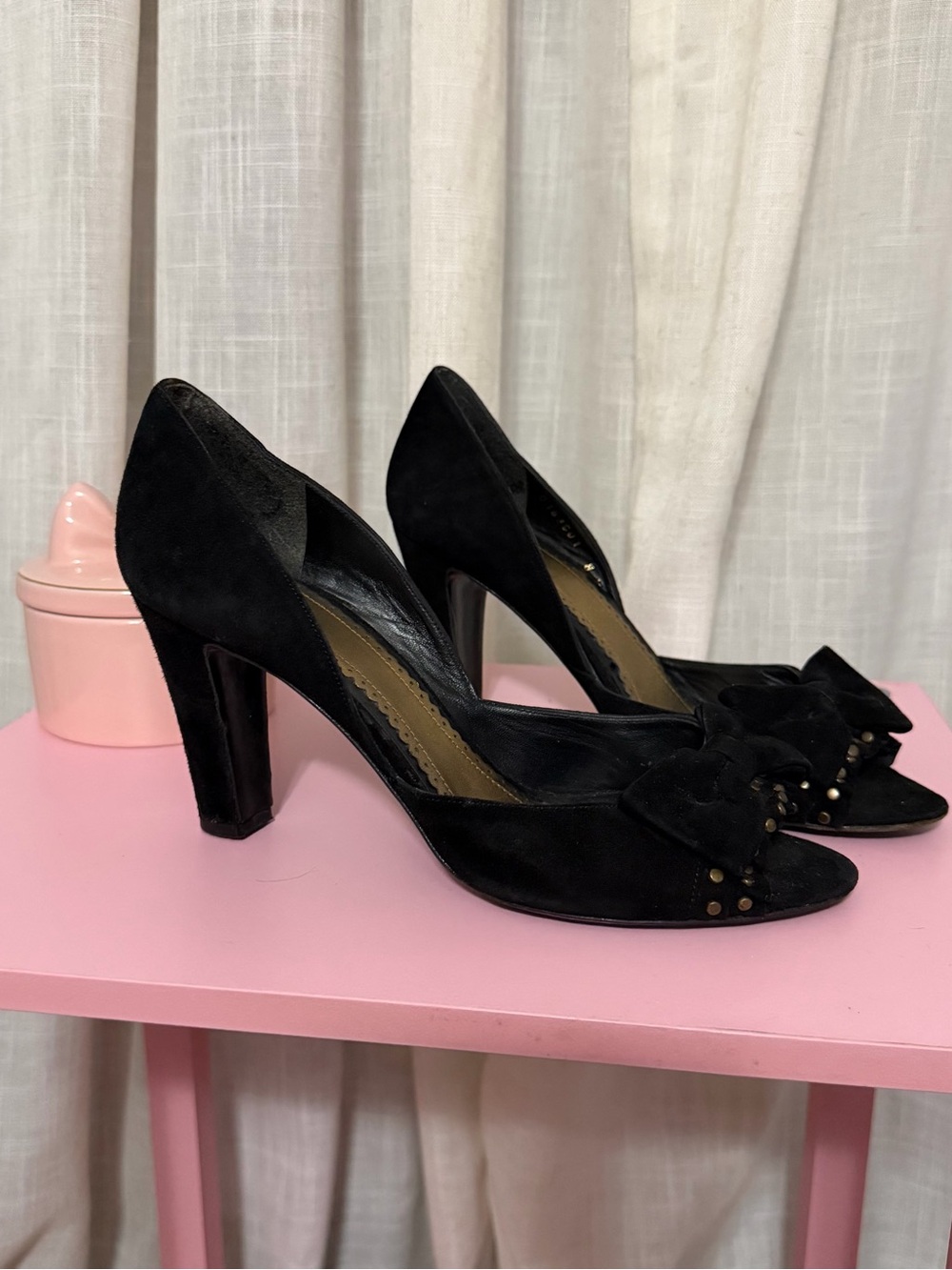 Delman Black Suede Bow Pointed-Toe Pumps with Stud Accents